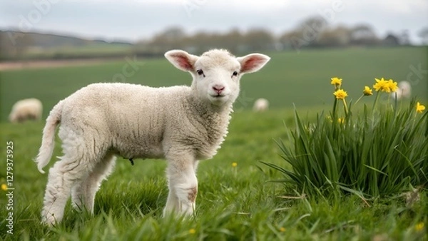 Fototapeta Cute lamb standing in a green meadow with flowers, joyful mood, spring season