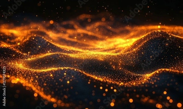 Fototapeta Futuristic Digital Network with Glowing Orange Particles, Abstract Data Visualization, Technology Background, Evening Lighting, Dynamic Energy Flow, Network Connectivity