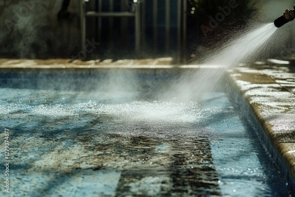 Fototapeta High pressure hose cleans dirt from swimming pool surface in outdoor setting during bright day. Generative AI