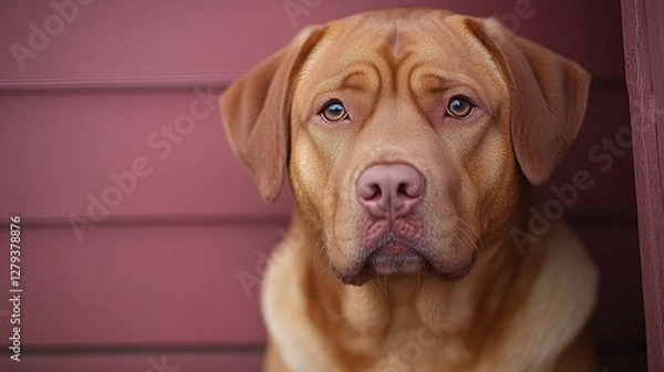 Fototapeta A brown dog with striking eyes gazes thoughtfully from a corner, surrounded by a warm maroon wooden background, creating a calm, cozy atmosphere