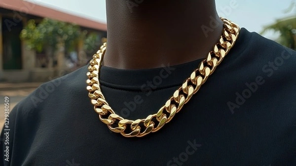 Fototapeta A person showcases a large gold chain around their neck while standing outside in a casual black shirt. The bright sunlight highlights the chain's shine and texture