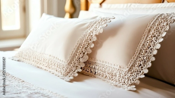 Fototapeta A pair of stylish pillows adorned with intricate lace trim rests on a beautifully made bed. The soft morning light illuminates the calming space, creating a serene atmosphere