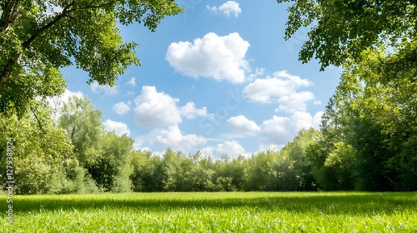 Obraz Sunny meadow, green trees, blue sky, summer day