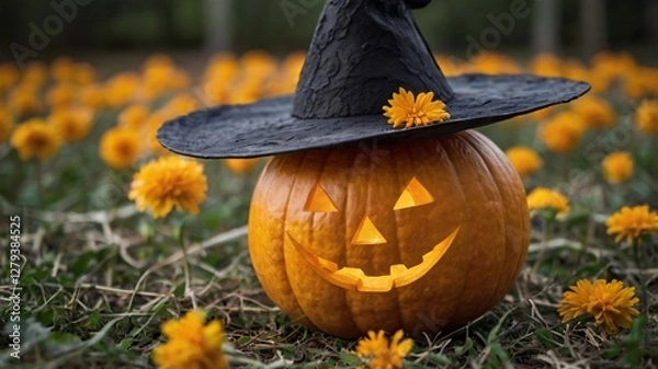 Obraz Halloween Pumpkin, Halloween pumpkin with hat and carved spooky face, Close-up image of jack-o-lantern isolated on halloween background
