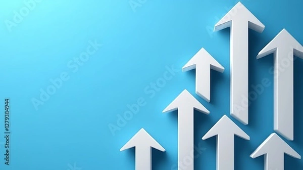 Obraz Upward Arrows on Blue Background Symbolizing Growth, White arrows pointing upwards on a blue background, symbolizing growth or progress