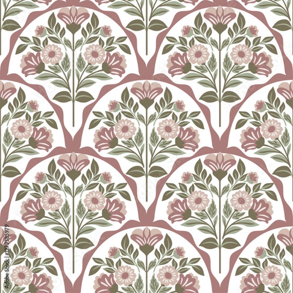 Obraz Seamless pattern with folk art elements. Elegant Scandinavian floral design with traditional motifs on a white background. Perfect for textiles, wallpaper, wrapping paper, and decorative projects.