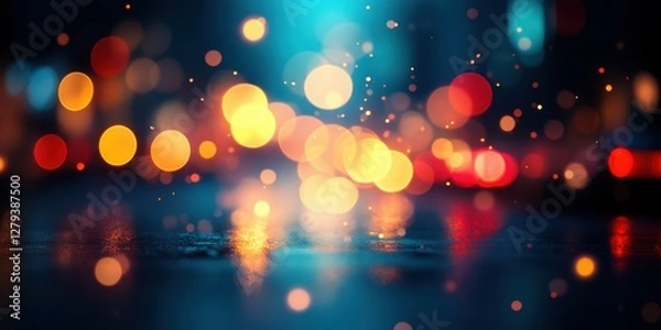 Fototapeta Bokeh lights create a mesmerizing urban atmosphere on a rainy night with vibrant colors and reflections
