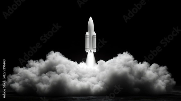 Fototapeta Rocket Launching into Space at Night, A rocket launching into space with smoke and flames, set against a dark sky