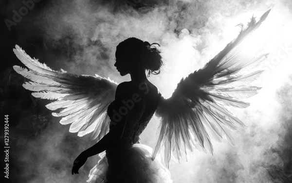 Fototapeta Silhouette of a winged figure surrounded by dramatic smoke in a dark setting