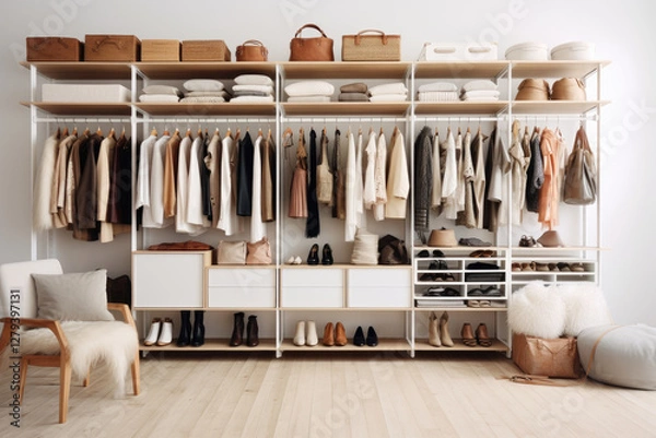 Obraz A beautifully organized wardrobe that showcases a minimalistic design with a range of soothing neutral colors