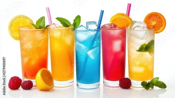 Fototapeta Four vibrant drinks with colorful straws and fresh orange slices displayed on a clean white surface, creating a refreshing and inviting scene.