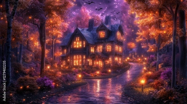 Fototapeta Enchanted house in autumnal forest at night, glowing with warm lights and bats flying overhead. Perfect for Halloween, fantasy, or fairytale themed projects, evoking mystery and magic.