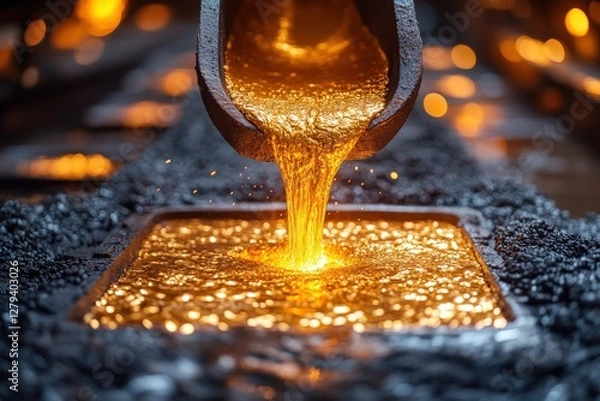 Fototapeta Molten gold pouring into a mold in a gold refinery, close-up shot showcasing the glowing liquid metal.  High quality image.