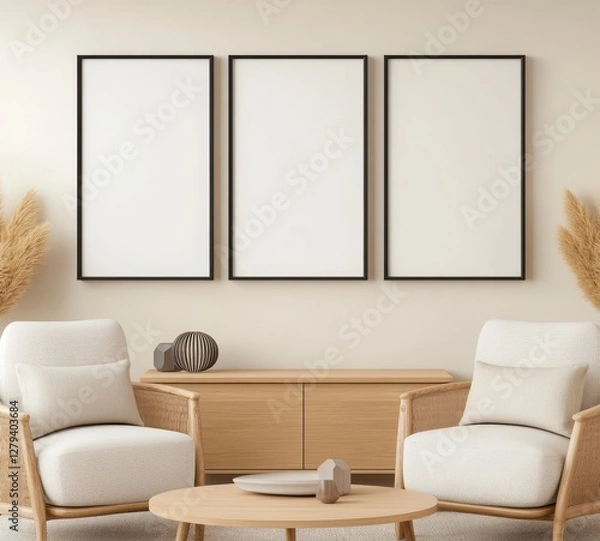 Fototapeta Minimalist Living Room Mockup with Blank Frames and Neutral Decor