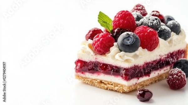 Fototapeta A delectable slice of cake adorned with fresh berries and creamy topping, showcasing an appetizing dessert presentation.