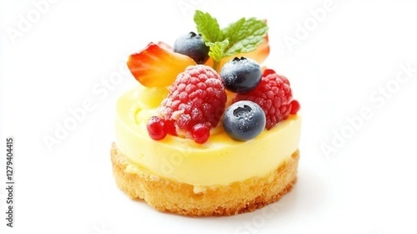 Fototapeta A delightful small dessert featuring fresh berries and vibrant mint leaves, beautifully presented for an exquisite culinary experience.