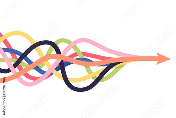 Fototapeta Arrows merger. Abstract diversity arrow merge, unity partnership teamwork company consolidate collaboration concept, business partner alliance together path mix vector illustration