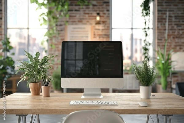 Fototapeta Coworking office interior with computer. AI generated illustration.