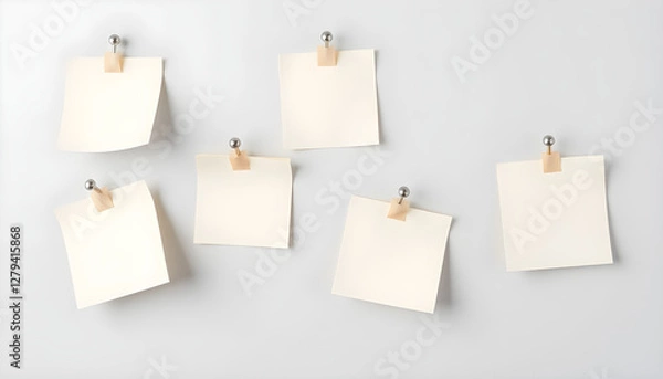 Fototapeta Six blank square sticky notes pinned in two rows on a minimalist wall
