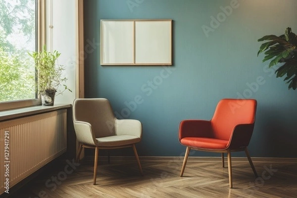 Fototapeta Cozy waiting room with two chairs, modern minimalist. AI generated illustration.