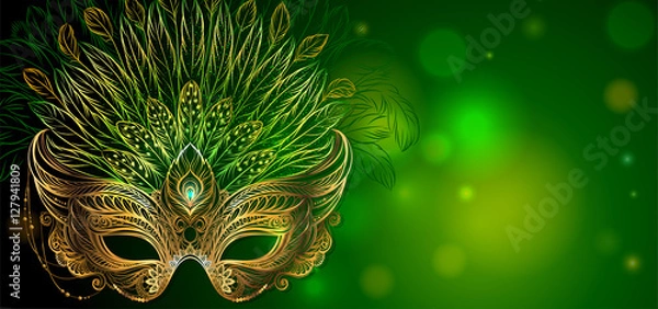 Fototapeta Vector Illustration. Golden carnival mask with feathers. Beautiful concept design for greeting card, party invitation, banner or flyer.