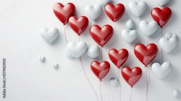 Fototapeta Red and White Heart Balloons Floating on a White Background: A Romantic Valentine's Day Image