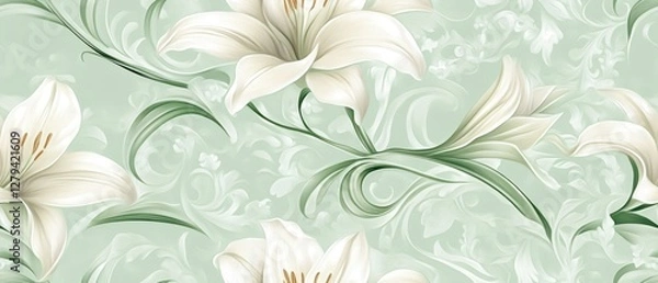 Fototapeta seamless pattern Elegant Easter lilies on light pistachio background in baroque 