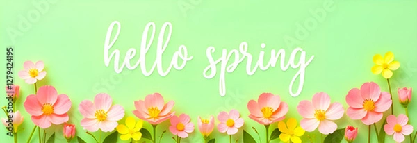 Fototapeta The inscription in white letters "hello spring" on a warm green background with bright colorful flowers. Welcome spring panoramic banner, background with copy space