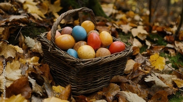 Fototapeta A vibrant basket filled with colorful eggs rests atop a mound of lush green leaves, showcasing a festive and natural atmosphere.