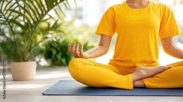 Fototapeta A person practices yoga indoors, wearing comfortable yellow attire, surrounded by greenery and calming light