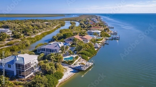 Fototapeta Aerial perspective showcasing a serene waterway lined with houses and boats gently floating on the water's surface.