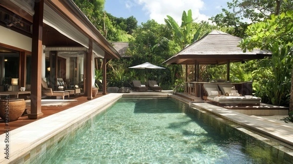 Fototapeta A serene pool area featuring a spacious patio and a sheltered section for relaxation and enjoyment under the sun or shade.