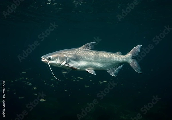 Fototapeta Mysterious Dark Water Catfish with Elongated Body and Whisker-Like Barbels Surrounded by Smaller Fish in an Underwater Scene
