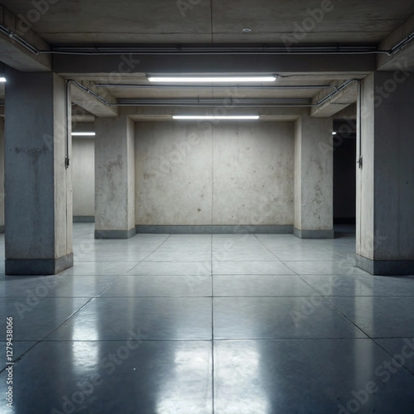 Fototapeta Empty Industrial Basement with Concrete Walls and Fluorescent Lighting