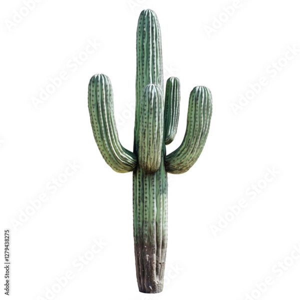 Obraz A classic tall Saguaro cactus with two arms, isolated on a transparent background. The cactus has a deep green color with ribbed texture and small spines running along its surface.