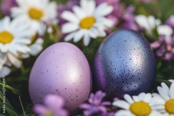 Obraz A collection of purple and blue eggs rests among vibrant flowers in a sunny field, creating a whimsical and colorful spring scene.