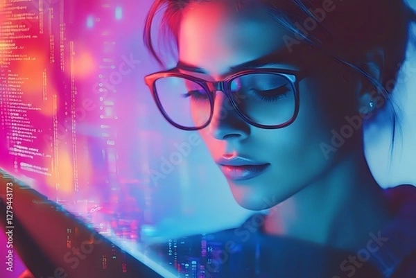 Fototapeta Young Asian woman in glasses illuminated by neon blue and pink light looking at digital screen with programming code reflection, cybersecurity concept.