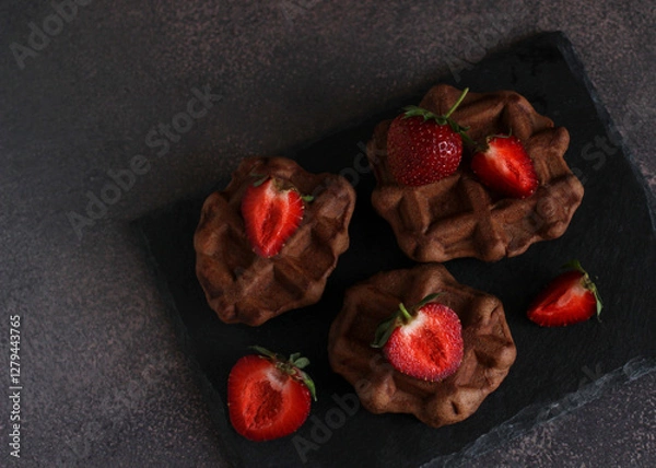 Fototapeta dessert pastry chocolate waffles with strawberries on a dark background