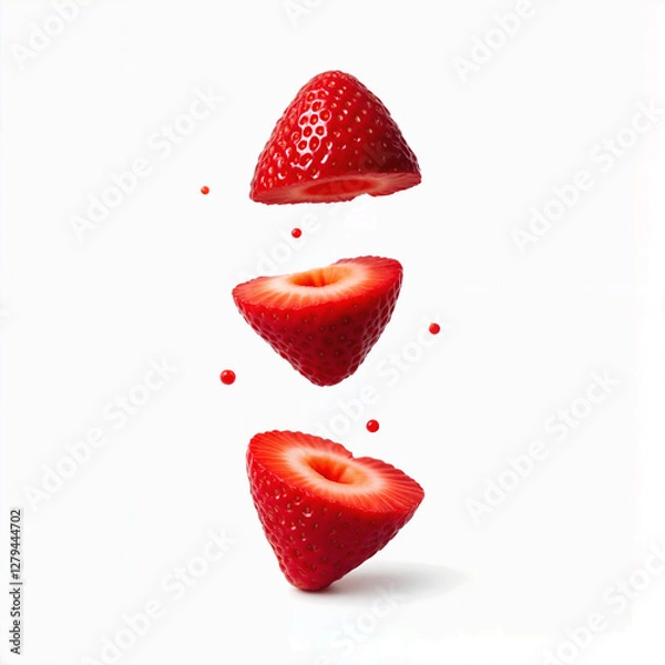 Fototapeta Floating Strawberry Slices with Juice Droplets