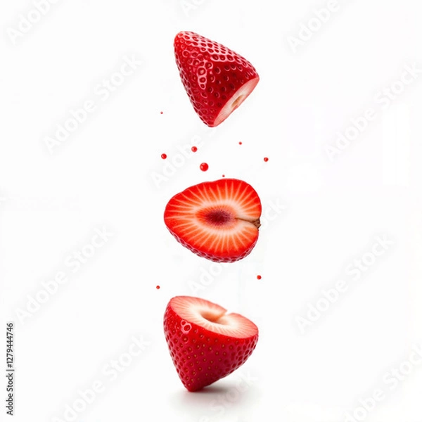Fototapeta Floating Strawberry Slices with Juice Droplets