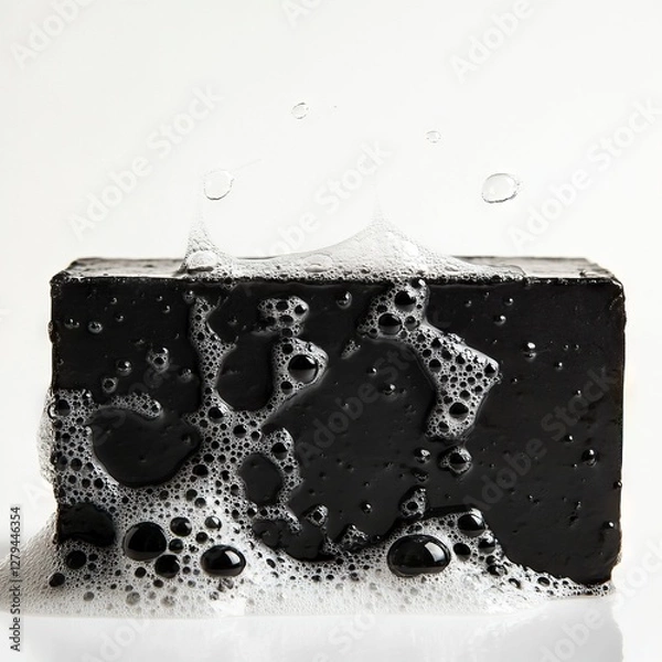 Fototapeta Lathered Charcoal Bar: Soap bubbles cling to a dark, cleansing charcoal bar.