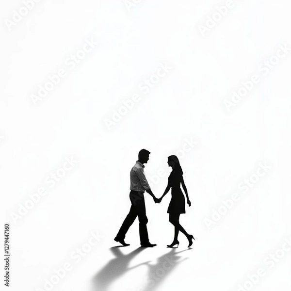 Fototapeta Silhouette of a couple walking hand-in-hand against a bright white background.