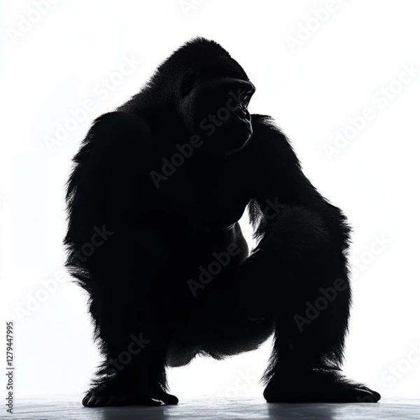 Fototapeta Silhouette of a gorilla in a squatted position against a white background.