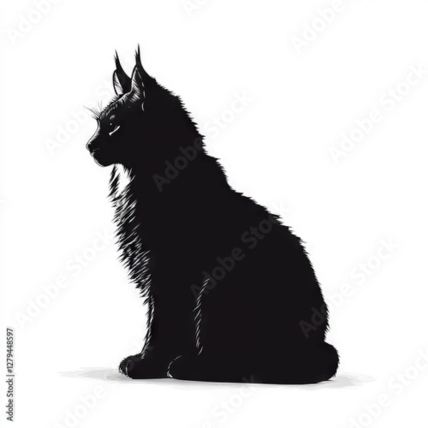 Fototapeta Silhouette of a lynx-like animal sitting, its ears perked up, on a white background.