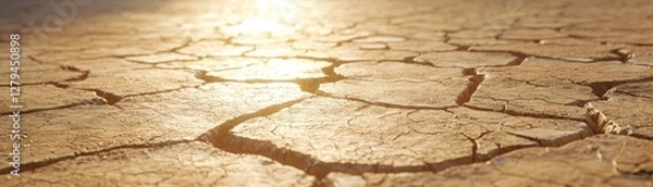Fototapeta Dry Ground Surface with Cracks Under Bright Sunlight in Natural Outdoor Environment