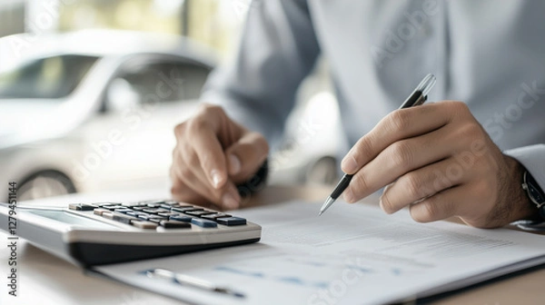 Obraz Car salesperson calculating monthly commission after vehicle sales