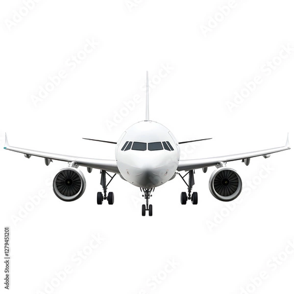 Fototapeta Front view of a white passenger airplane with two engines isolated on a black studio backdrop.