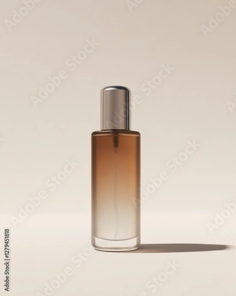 Fototapeta Elegant brown perfume bottle with silver cap on neutral background