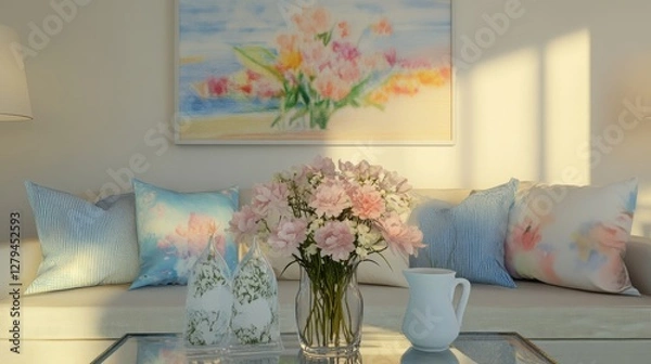 Fototapeta Cozy Living Room Decor with Floral Arrangement and Soft Pillows