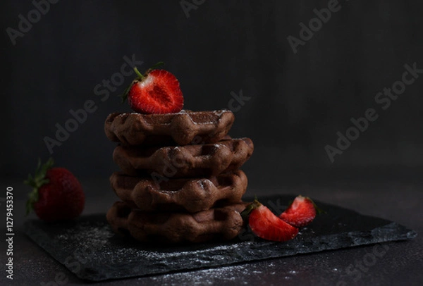 Fototapeta dessert pastry chocolate waffles with strawberries on a dark background